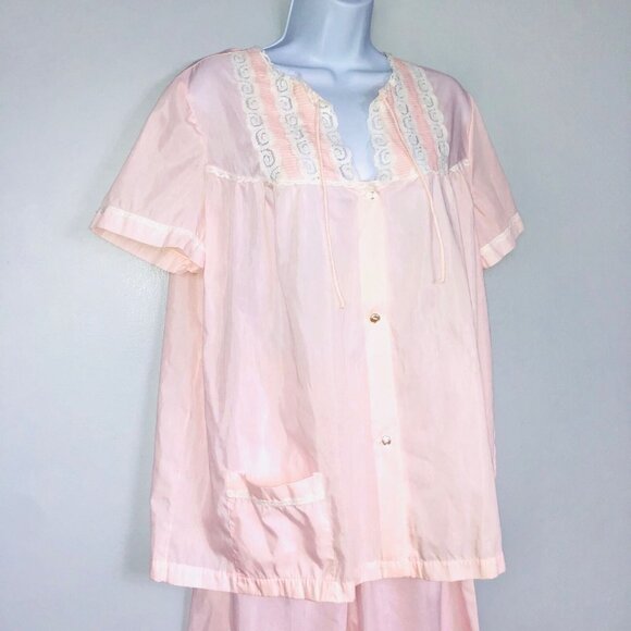 Vintage Komar Womens M Pajama Set Pink White Lace Short Sleeve Top Bottom - Picture 4 of 11